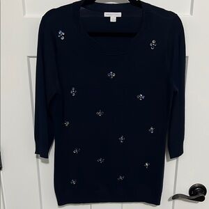 New York & Co navy blue 3/4 sleeve rhinestone sweater, size M